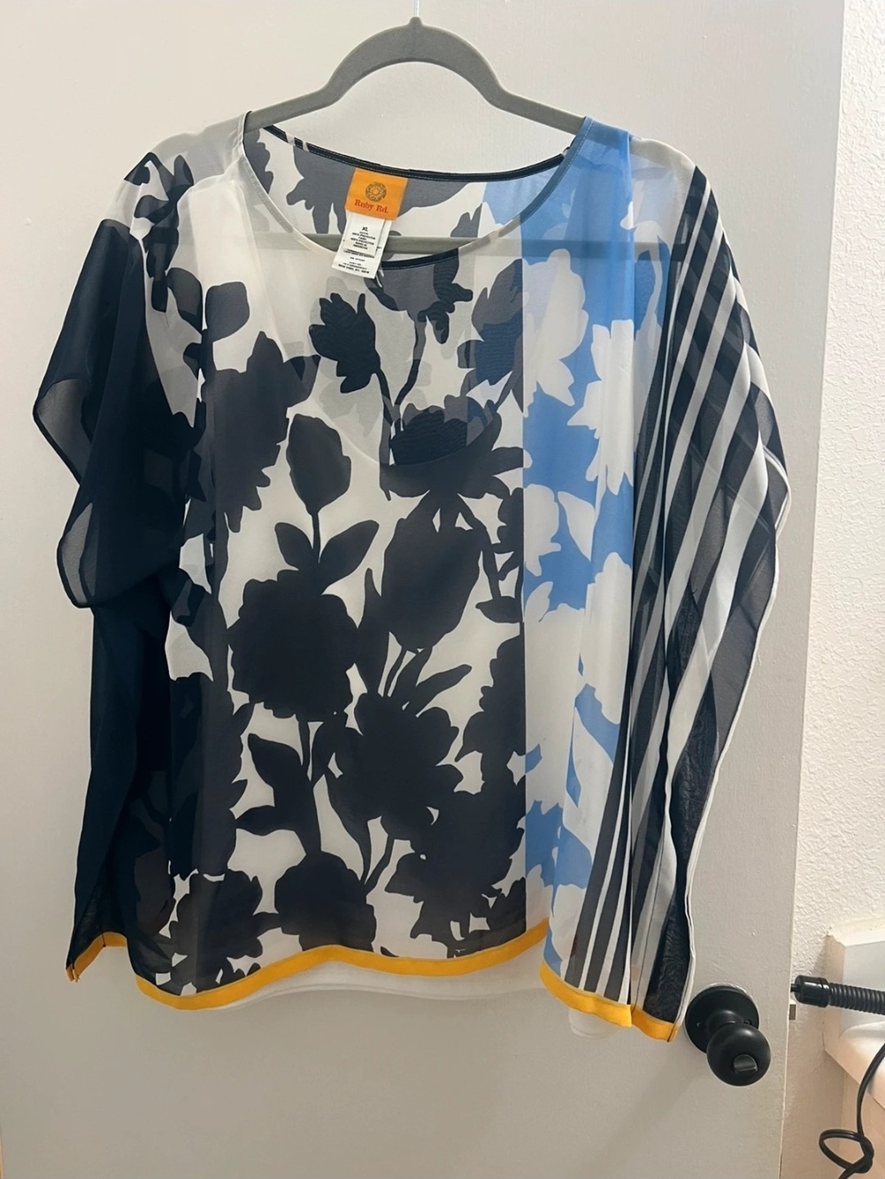 Ruby Rd. Black, White & Blue Floral Mixed-Print Tunic with Yellow Trim